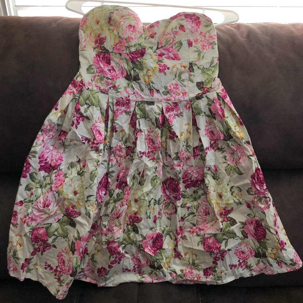 Strapless tan floral short dress worn once